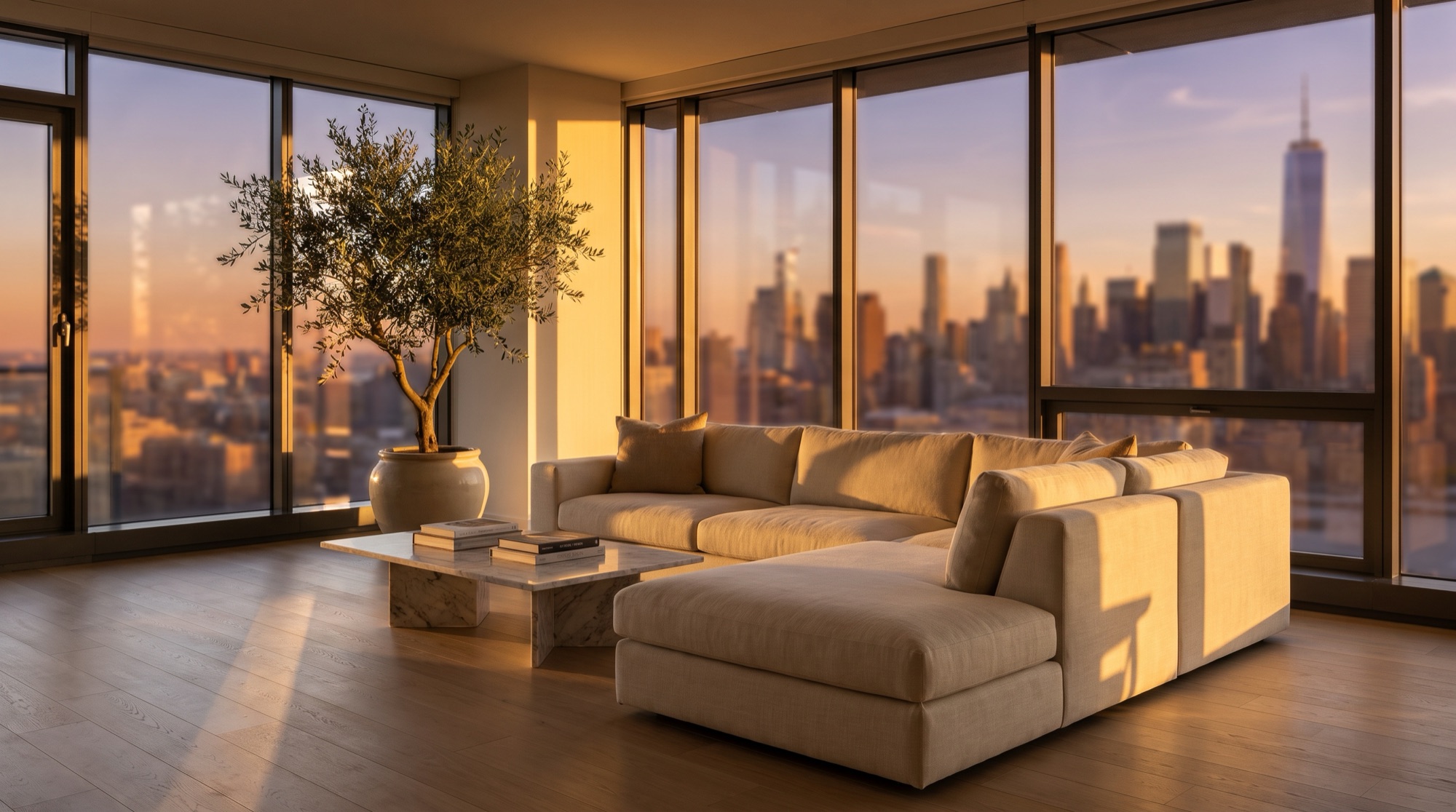 Sunlit modern GTA condominium living room with floor-to-ceiling windows overlooking the city skyline at golden hour